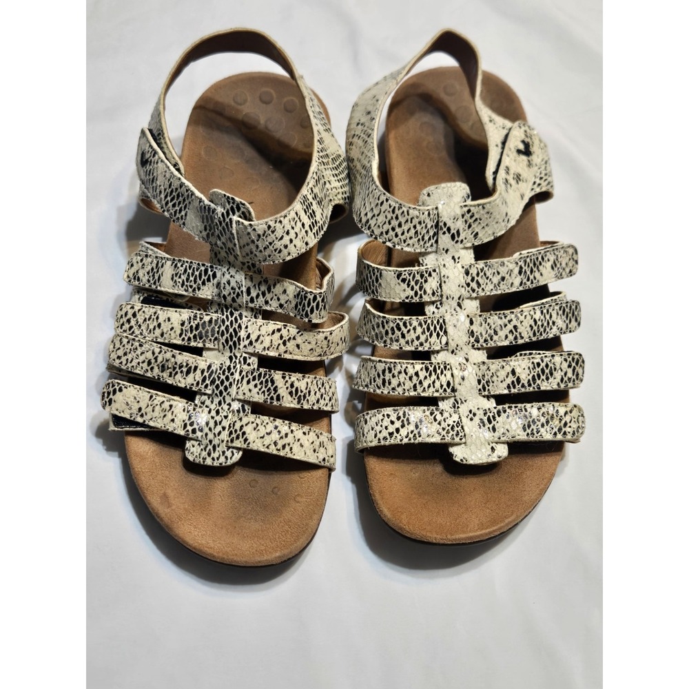 Vionic Harissa Sandals Womens 7.5 Cream Snake Print Strappy Orthotic Comfort